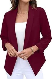 Plain Wine Red Long Sleeve Lapel Neck Formal Office Wear Open Style Outerwear Wo