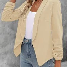 Plain Apricot Long Sleeve Lapel Neck Formal Office Wear Open Style Outerwear Wom