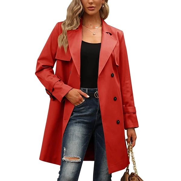 Lapel Neck Full Sleeves Office Formal Wear Button Closure Trench Coat Women Belt