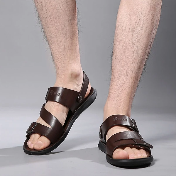 Brown Synthetic Leather Slip On Men's Sandals with Buckle