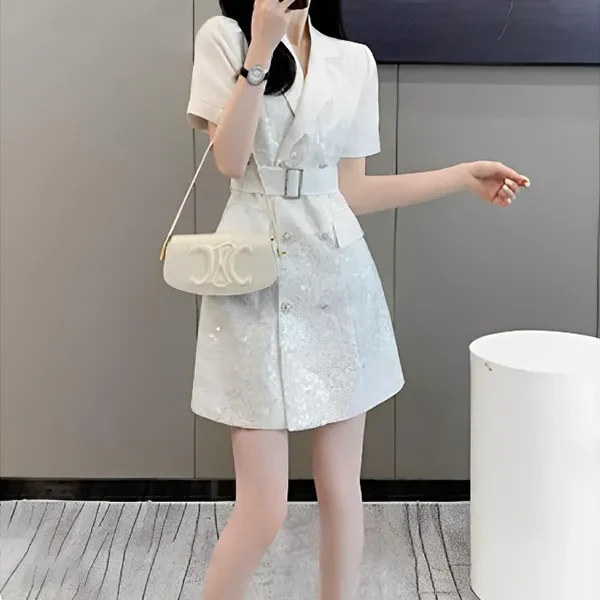 Floral Design Short Sleeves Summer Fashionable Blazer Style Mini Belted Dress Fo