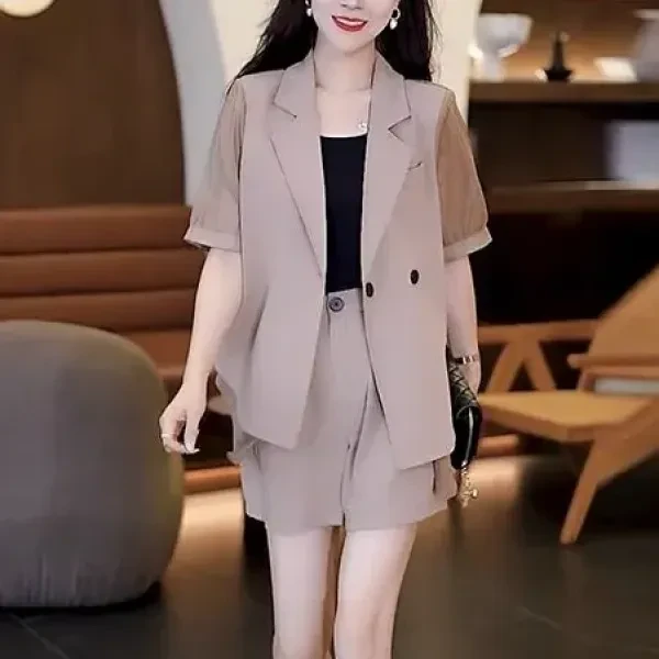 2PCs Lapel V Neck Full Sleeves Blazer Coat Button Closure Shorts Women Office Fo