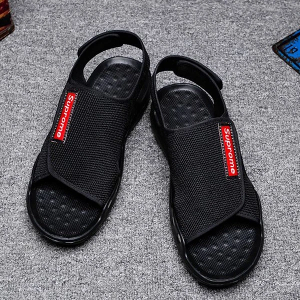 Breathable Mesh Fabric Flat Bottom Men Sandals Letters Patch Velcro Closure Non