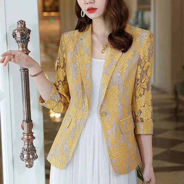 Lace Floral Print Lapel Neck Full Sleeve Outfit Matching Blazer Women Formal Wea