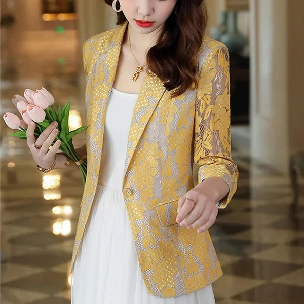 Lace Floral Print Lapel Neck Full Sleeve Outfit Matching Blazer Women Formal Wea