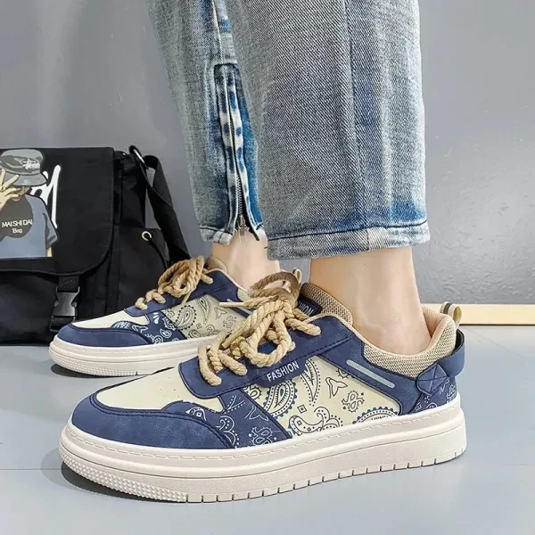 Two Tone Floral Print Men Fashion Sneakers Breathable PU Leather Lace Up Round T