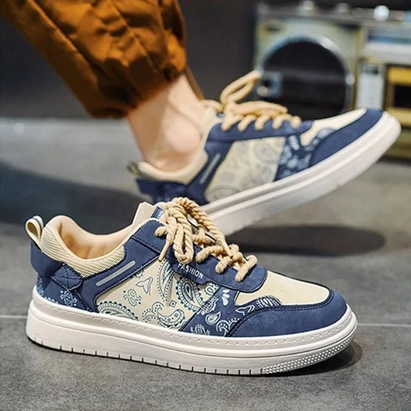 Two Tone Floral Print Men Fashion Sneakers Breathable PU Leather Lace Up Round T