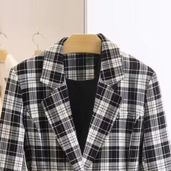 Kids Plaid Blazer Jacket - Trendy Geo Design Double Pocket Belted Coat