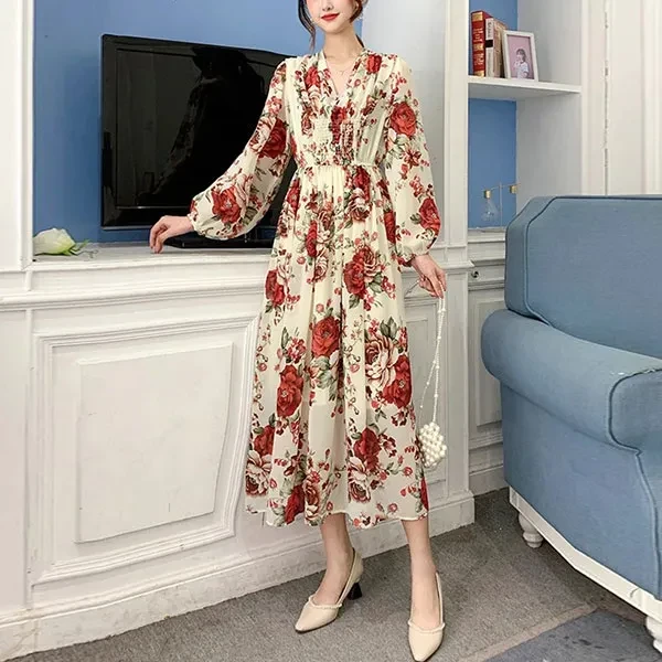 Rose Pattern V Neck Long Puff Sleeves Waist String Closure Casual Wear Midi Dres