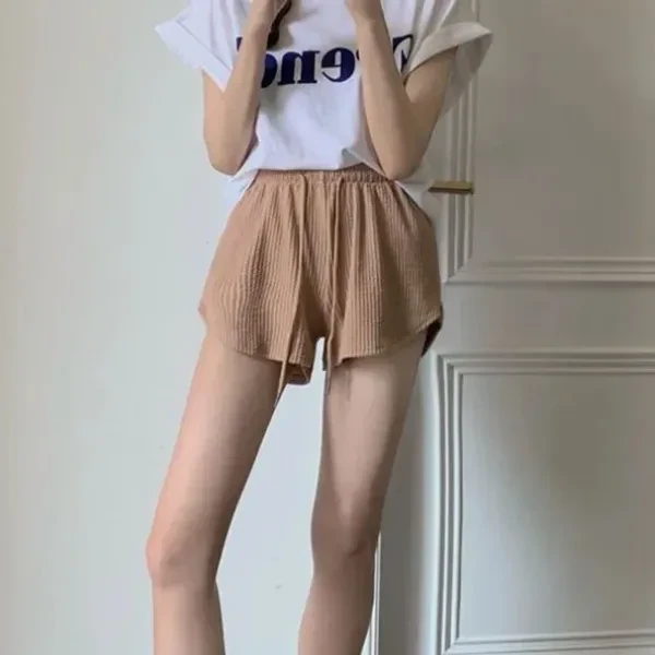 Brown Ribbed Elastic Waist Casual Women's Shorts with Drawstring