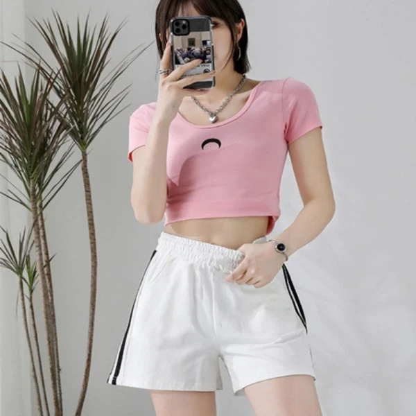 Women's Elastic Waist Striped Sports Shorts - Double Pocket