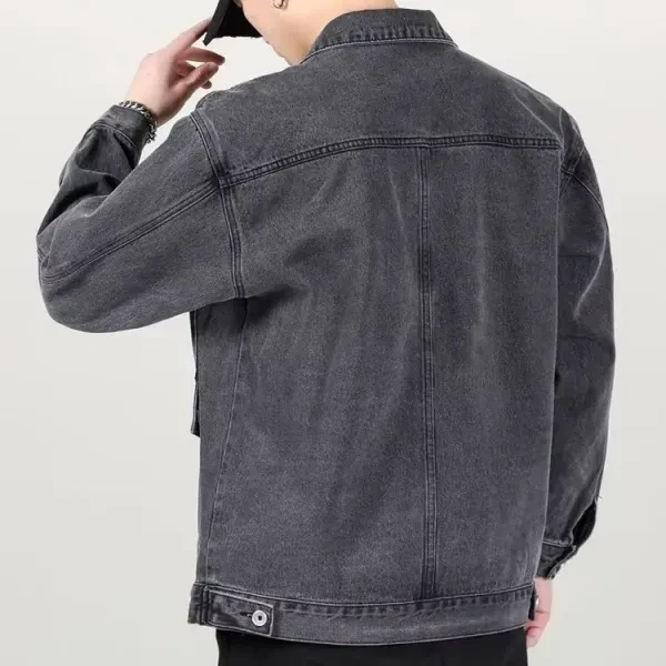 Men's Black Denim Jacket - Multi Pocket Collar Neck Full Sleeves Button-Up Closu