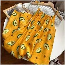 Yellow Avocado Print Long Skirt with Elastic Waist (Terylene)