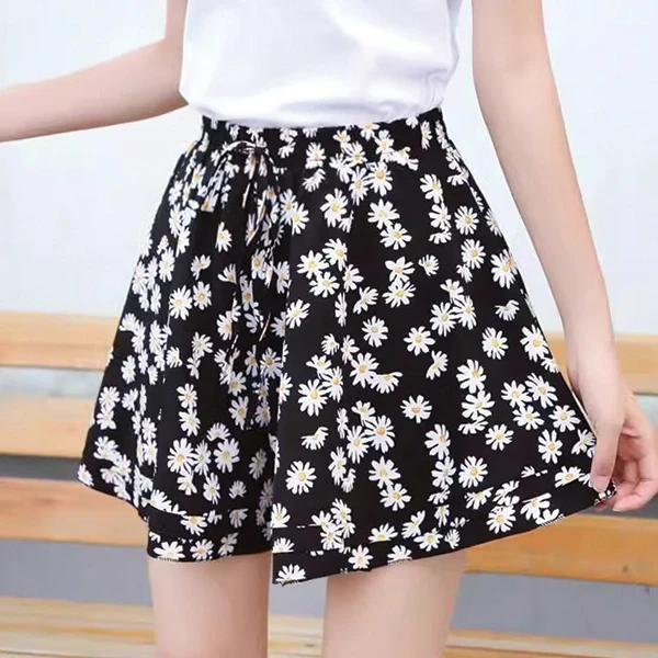 Black Daisy Elastic Waist Mini Skirt - Women's Polyester Material Normal Fit
