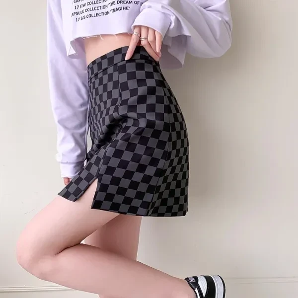 Black Checkered Print Split Hem Zipper Skirt
