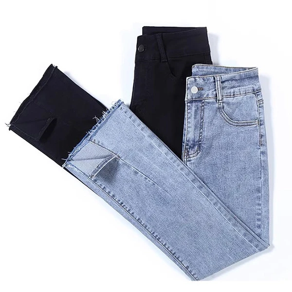 Blue Denim High Waist Button-Up Straight Fit Women's Ripped Jeans