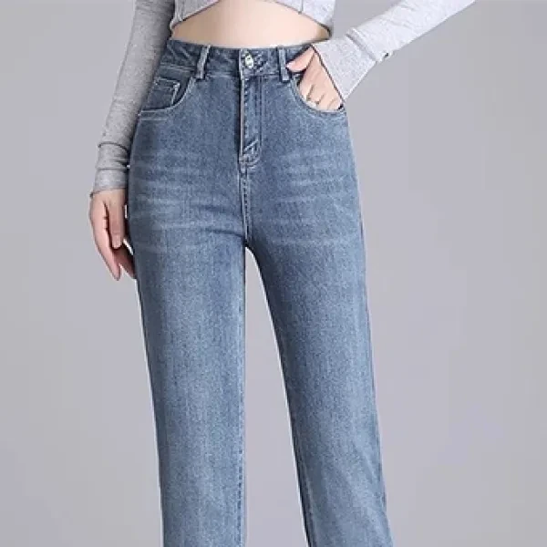 Women's Denim High Waist Button Closure Pant Jeans in Solid Blue