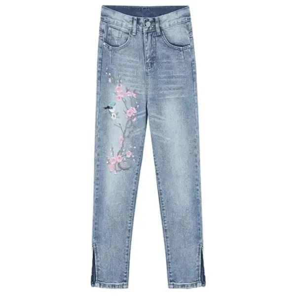 Vintage High Waist Embroidery Split Design Ankle Length Casual Wear Denim Jeans
