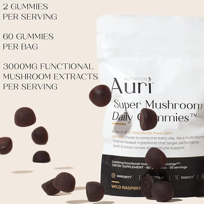 Auri Super Mushroom Gummies - All-in-One Daily Supplement Gummy - 12 Mushroom Bl