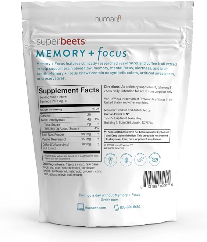 humanN SuperBeets Memory & Focus Support Supplement Chews – Mental Alertness + C