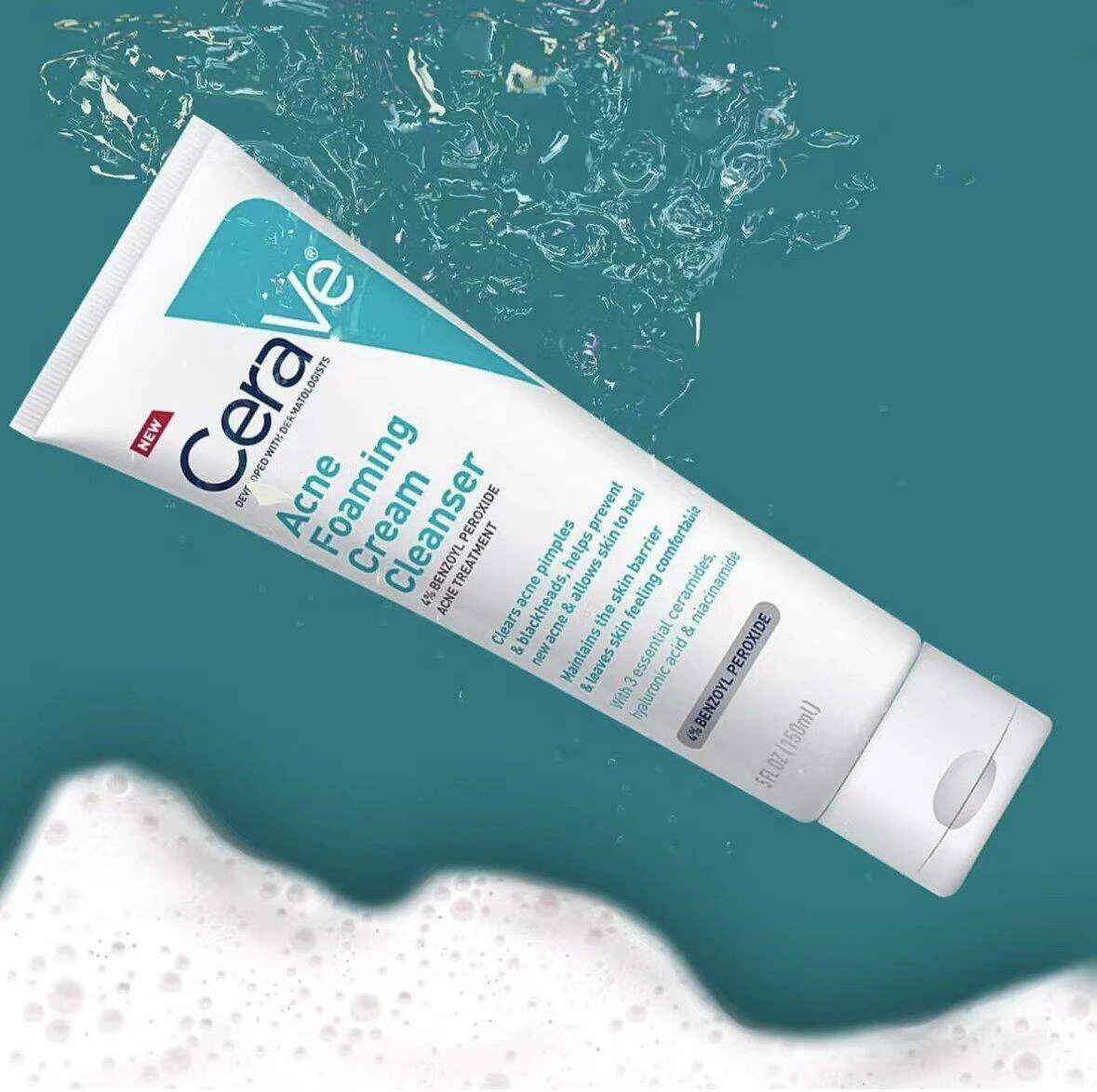 CeraVe Acne Foaming Cream Cleanser Effective 4% Benzoyl Peroxide Treatment, Hyal