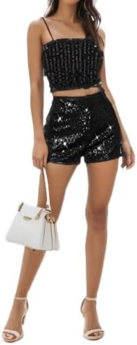 Women's Sequin Sparkle Elastic High Waist A Line Party Concert Shorts