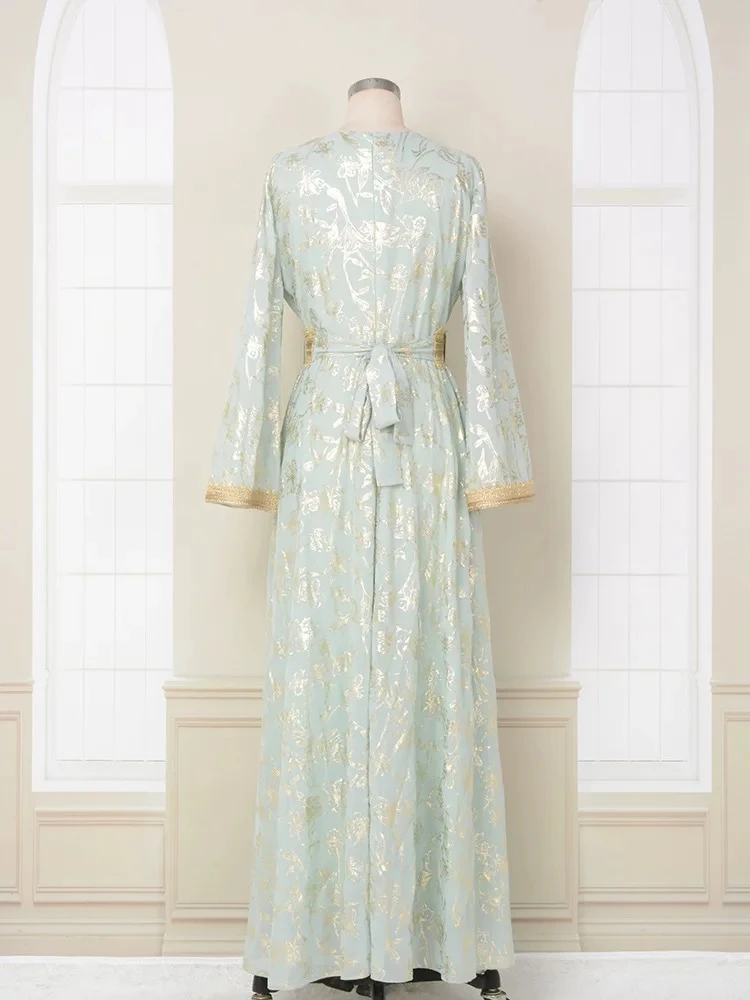 Moroccan Kaftan Foil Print Arabic Dress with belt for Women evening party Muslim