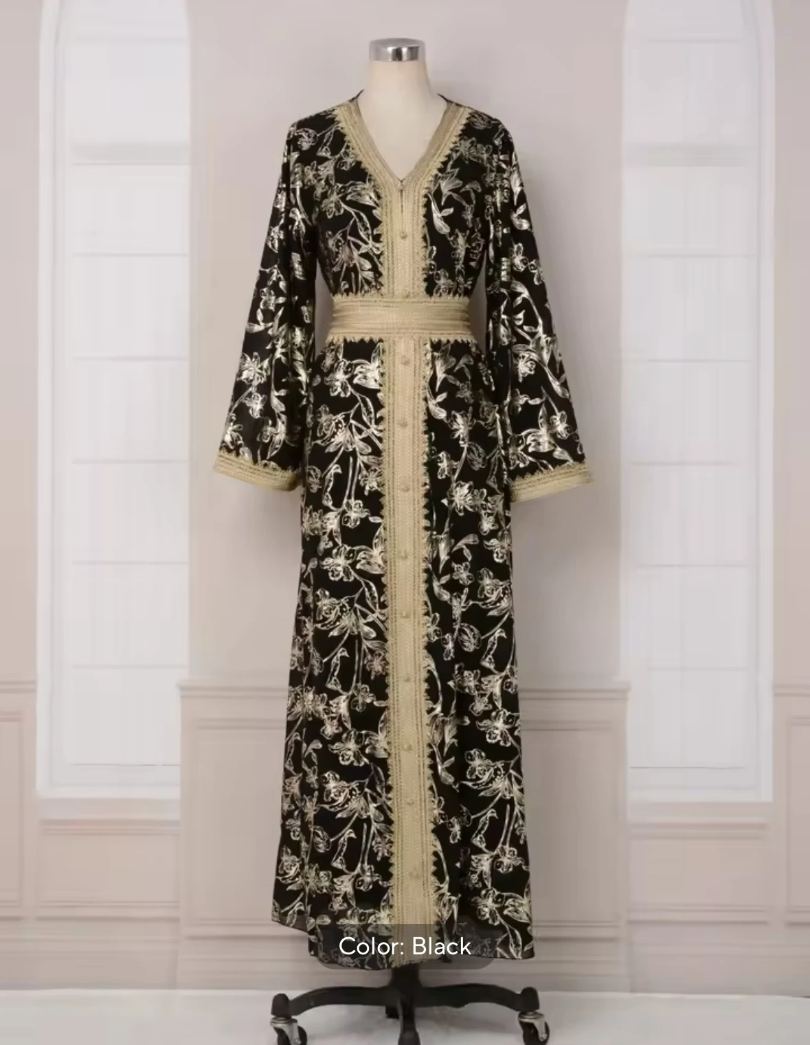 Moroccan Kaftan Foil Print Arabic Dress with belt for Women evening party Muslim