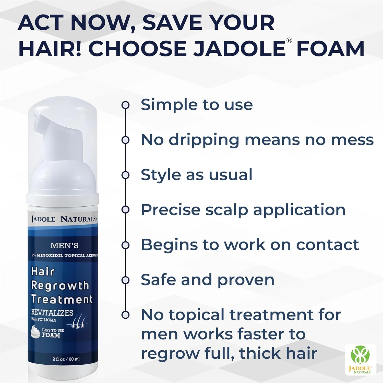 Jadole Naturals Men's 5% Minoxidil Foam- 3 x 60ml | Hair Regrowth Treatment for 