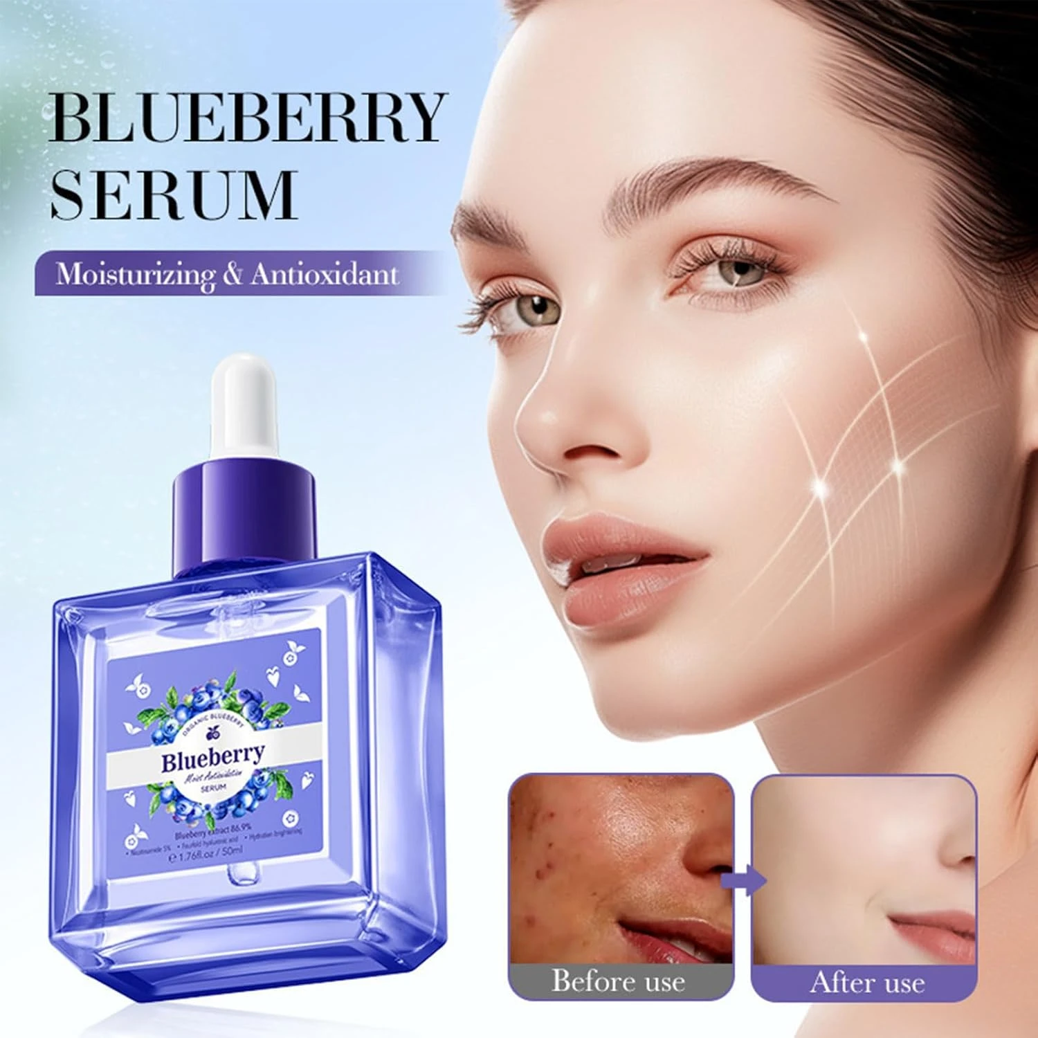 Hyaluronic Acid Face Serum, Blueberry Moisturizing Facial Serum, Anti-Aging & Hy