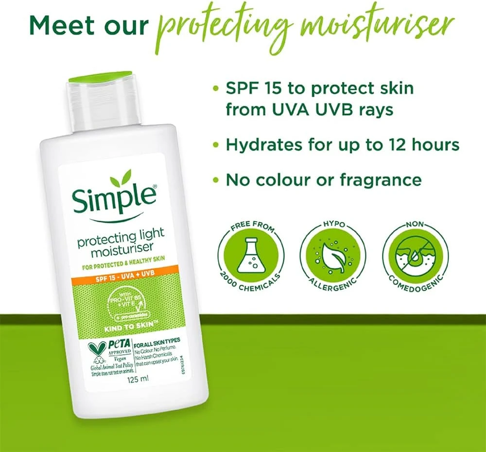 Simple Protecting Daily Face Cream Moisturiser, Spf 15, Vegan, No Perfume And Al