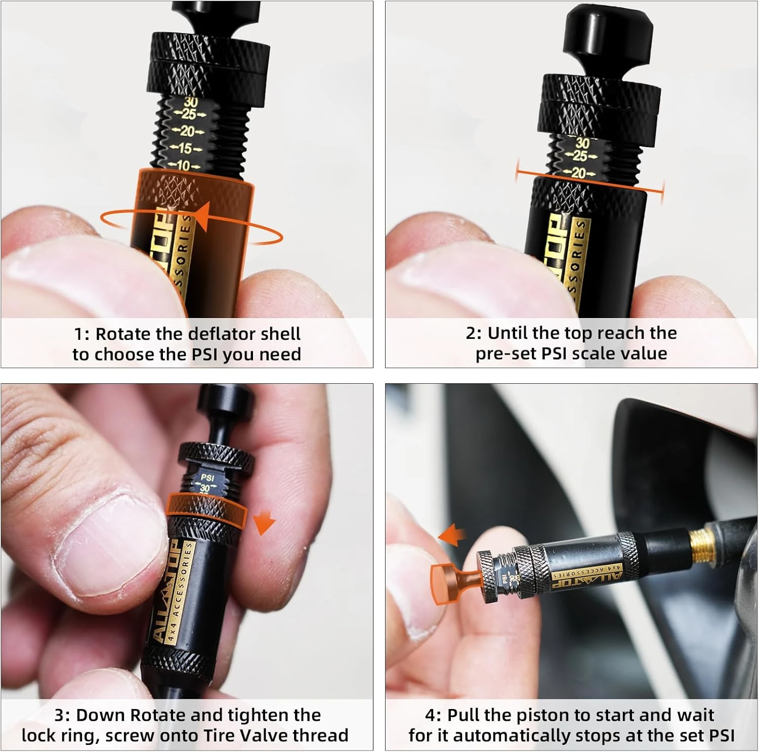 ALL-TOP Adjustable Auto-Stop Tire Deflator Valve Kit (10-30 PSI) 4 PCS Screw-on 