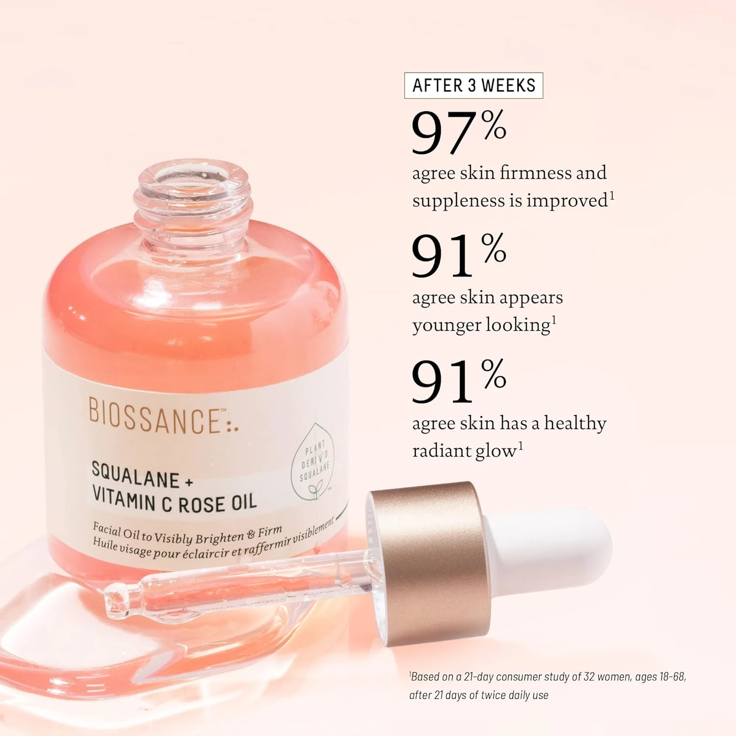 BIOSSANCE Squalane and Vitamin C Rose Oil. Facial Oil to Visibly Brighten, Hydra
