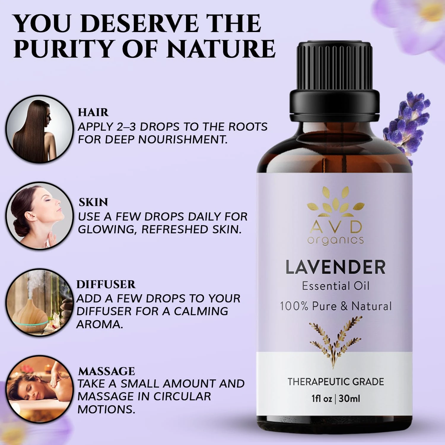 AVD Organics Lavender Essential Oil 30ml – 100% Pure & Natural Lavender Oil for 
