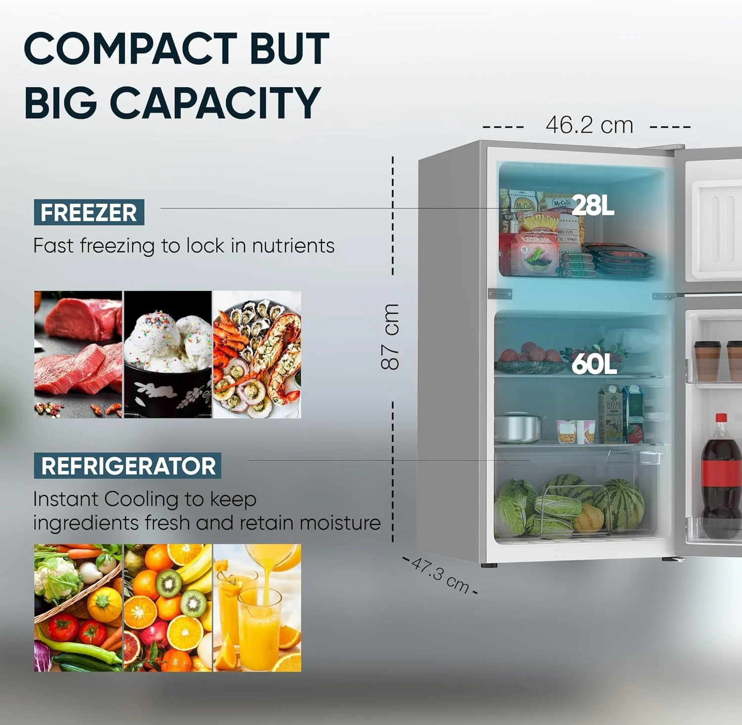 Nikai 135L Gross/88L Net, Small Double Door Mini Refrigerator with Vegetable Cri