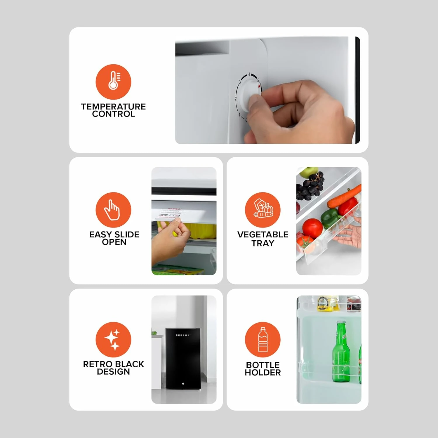 Geepas GRF1212BXE Single Door Mini Defrost Refrigerator-| Mini Fridge in Retro D