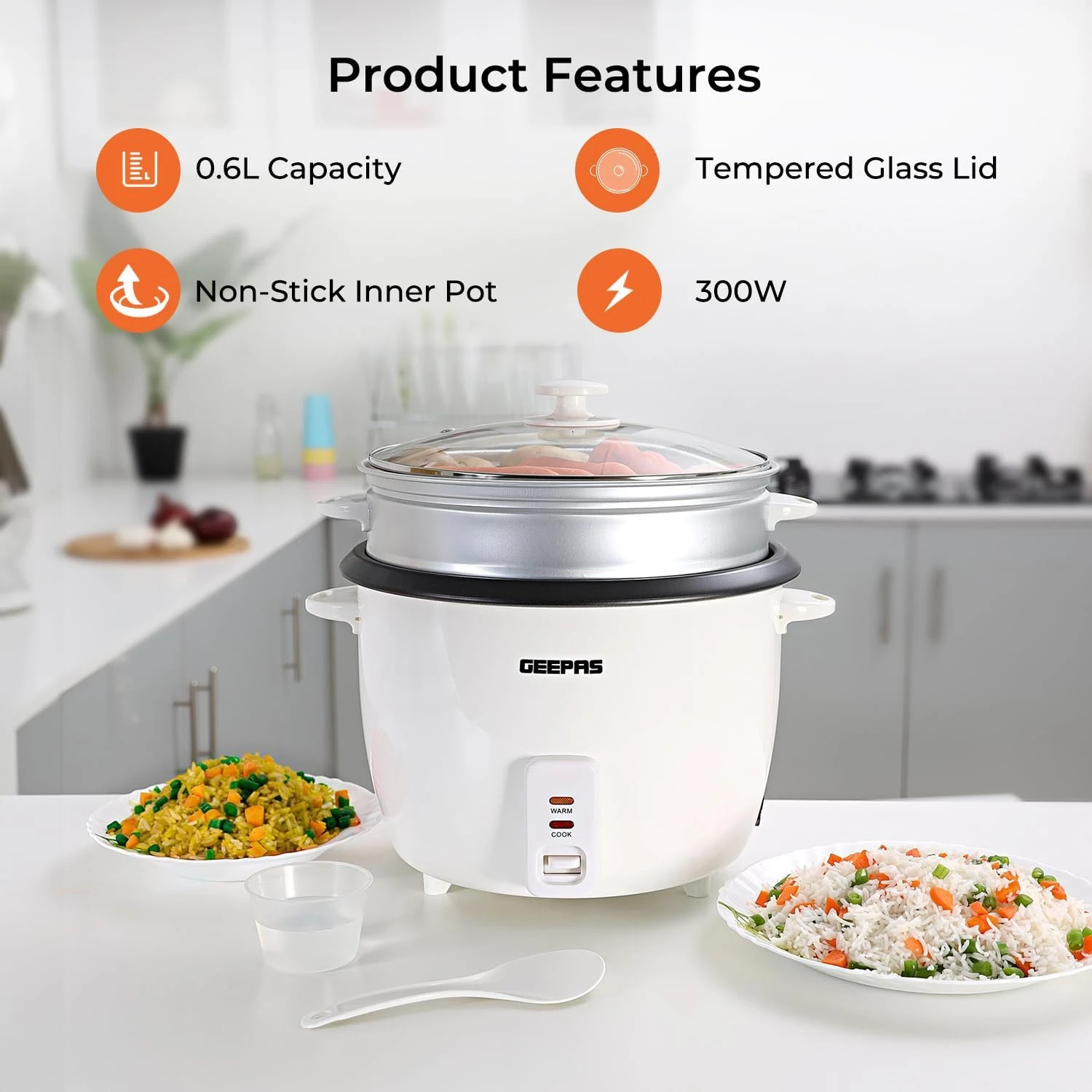 Geepas-Automatic Rice Cooker 3 in 1 Functions Non-Stick Inner Pot Automatic Shut