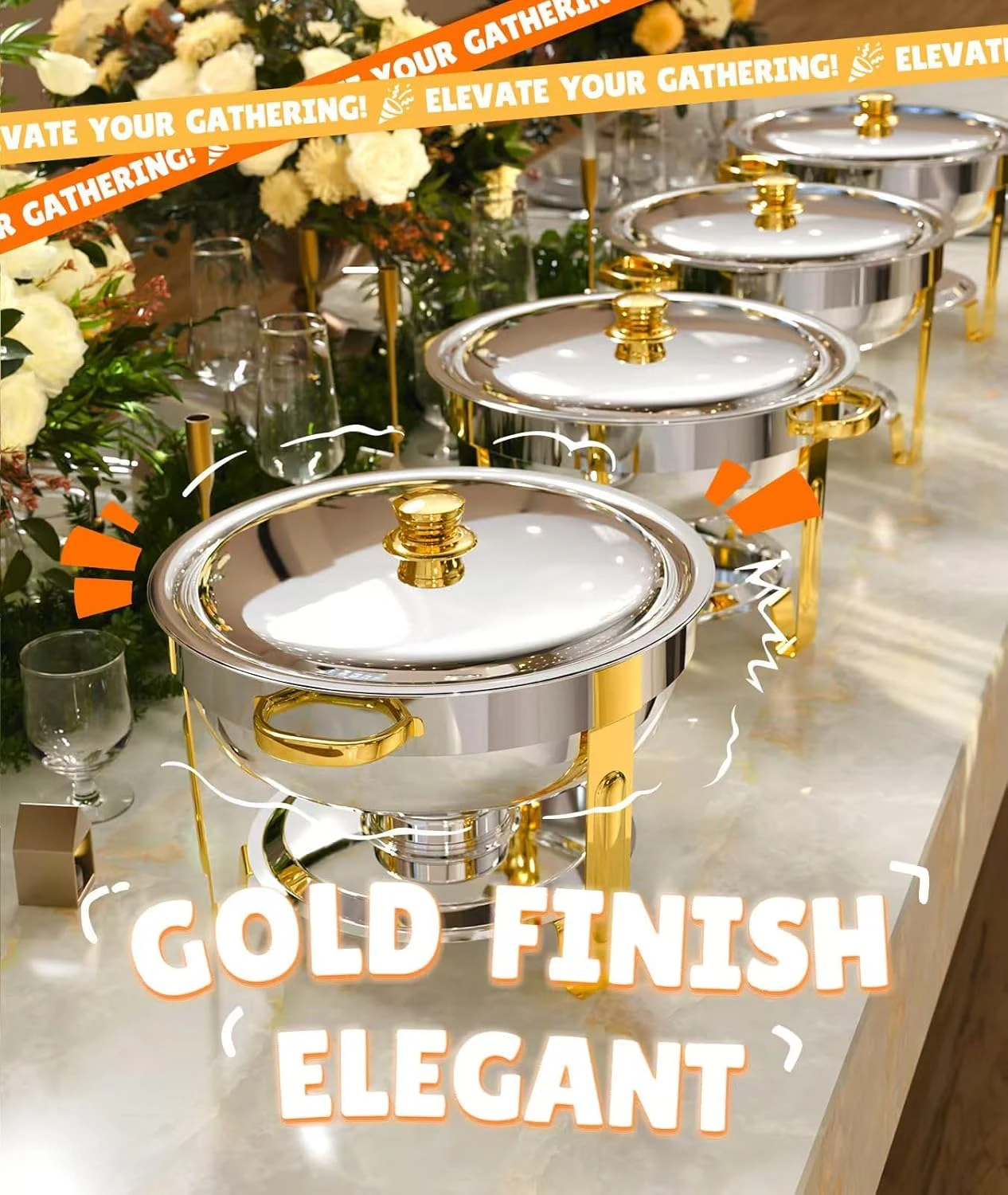 ZILODE Round Chafing Dish Buffet Set Elegant Gold Color