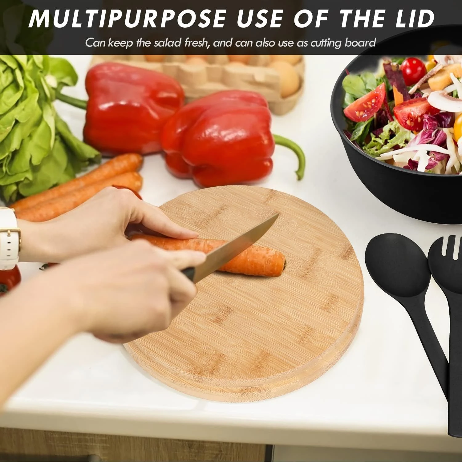 Fitmos Salad Bowls, Large Salad Bowl with Lid and Servers, Bamboo Salad Bowl Set