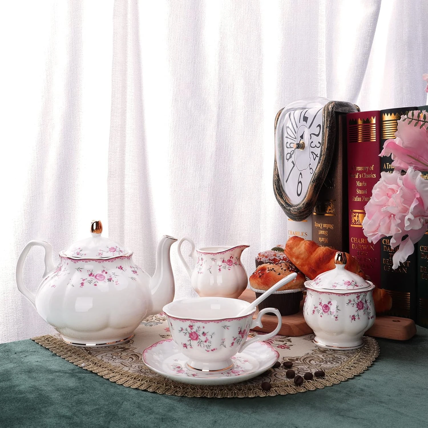 fanquare Porcelain Tea Set, Cup and Saucer Set, 6 Person Tea Set, Wedding Teapot