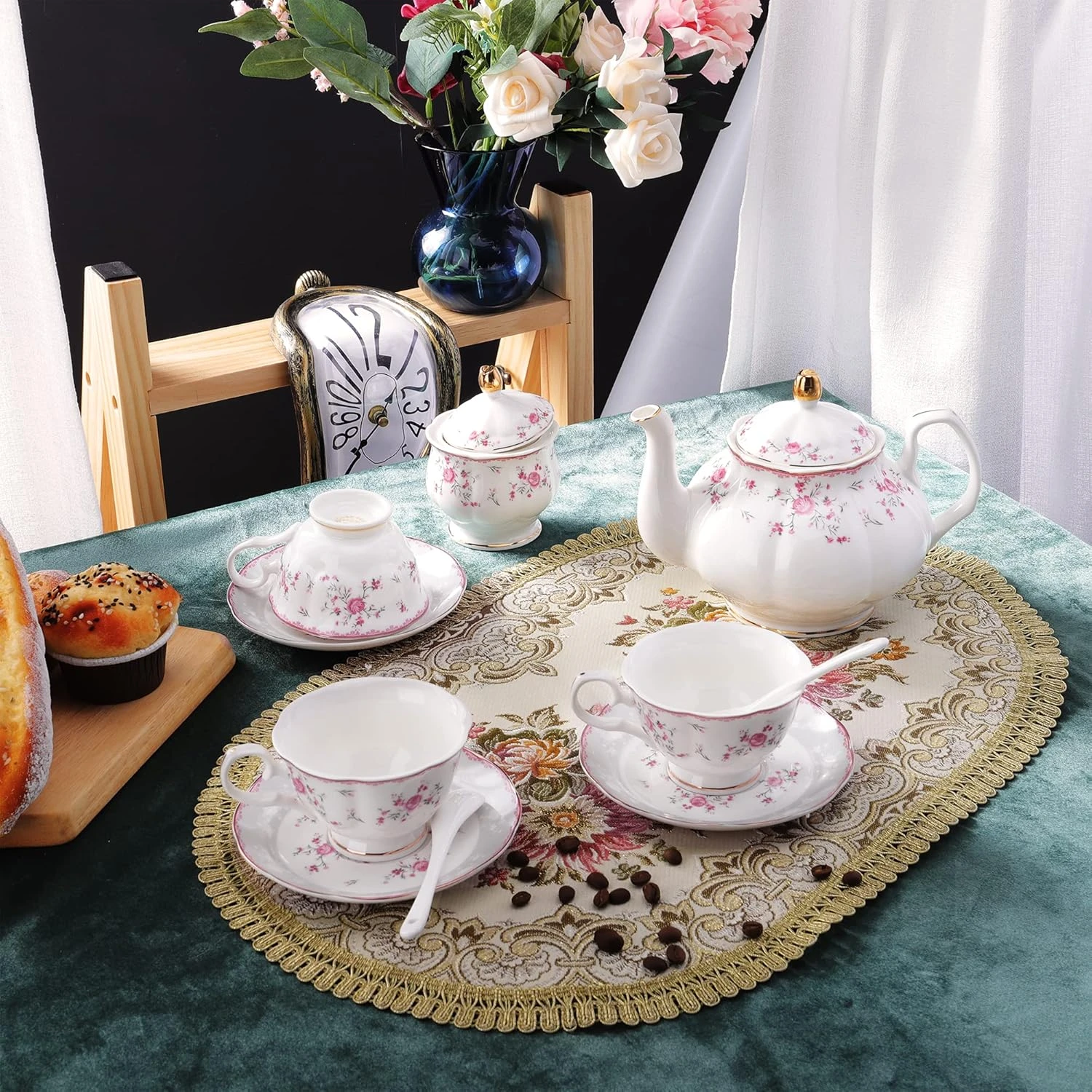 fanquare Porcelain Tea Set, Cup and Saucer Set, 6 Person Tea Set, Wedding Teapot