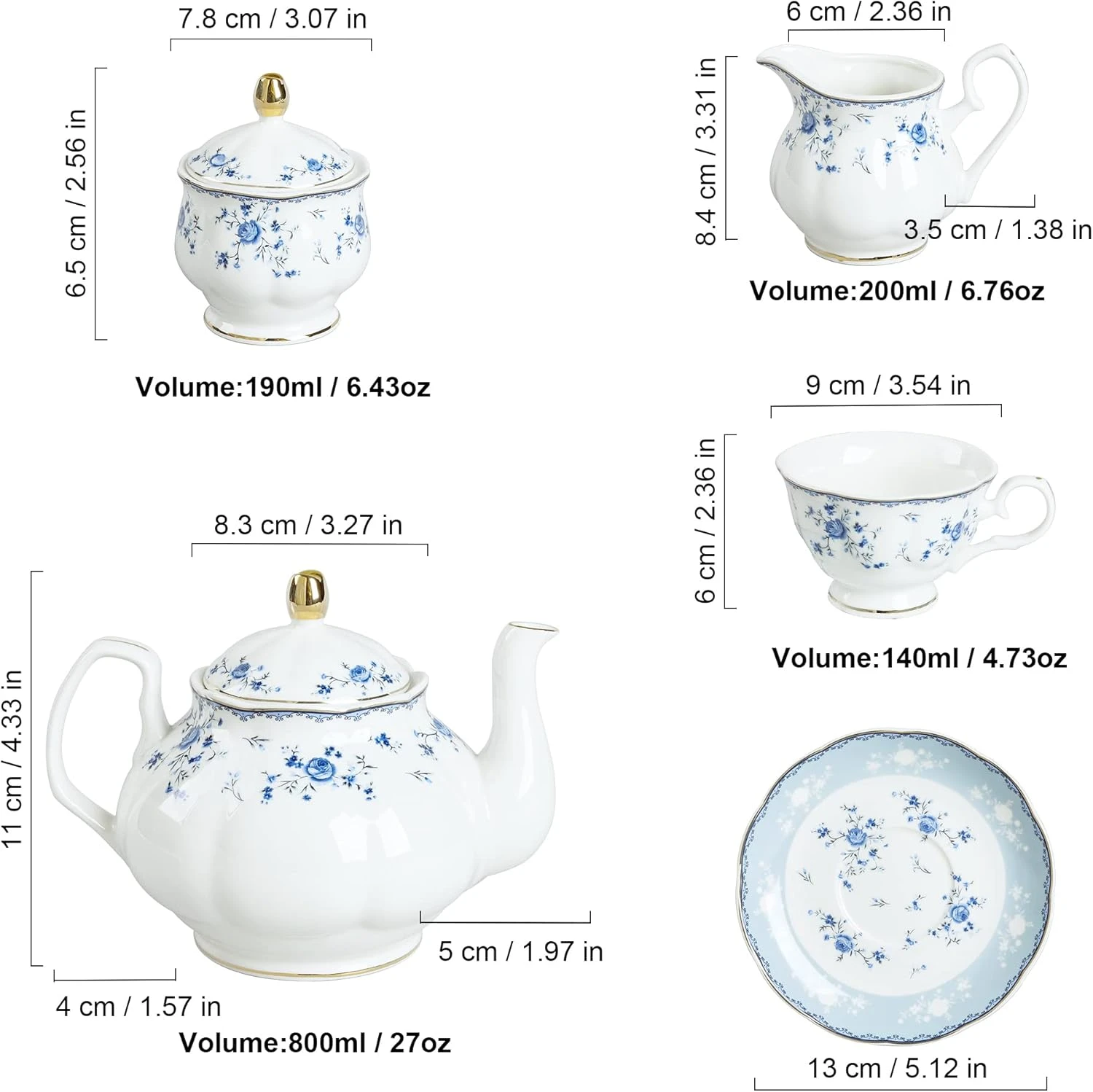 fanquare 15 Piece Blue Rose Porcelain Tea Set, British Floral Teapot with Tea Cu