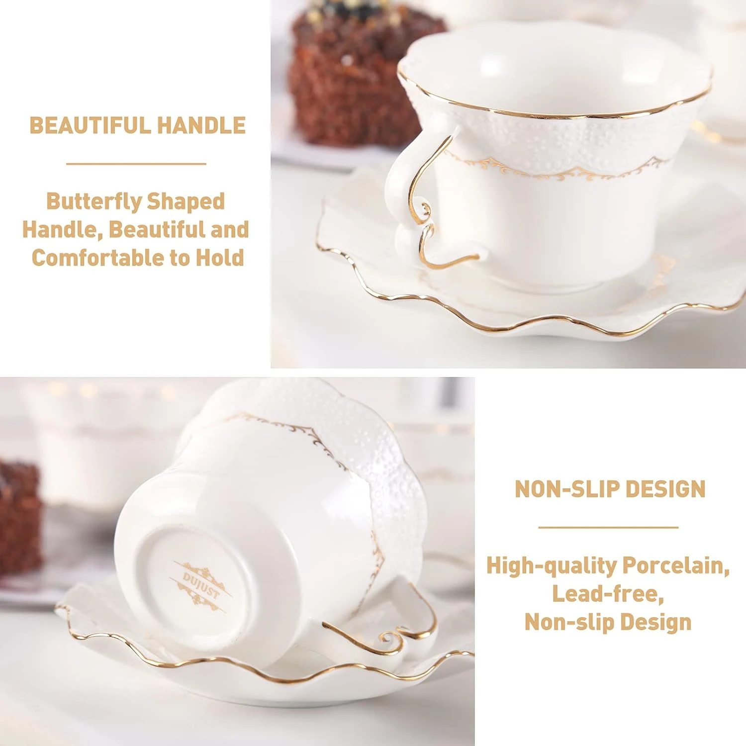 DUJUST Tea Cups and Saucers with Golden Trim,Set of 6 (8.5 OZ), Luxury Relief Pr