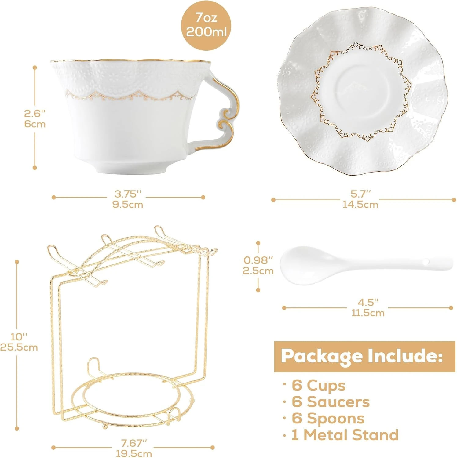 DUJUST Tea Cups and Saucers with Golden Trim,Set of 6 (8.5 OZ), Luxury Relief Pr