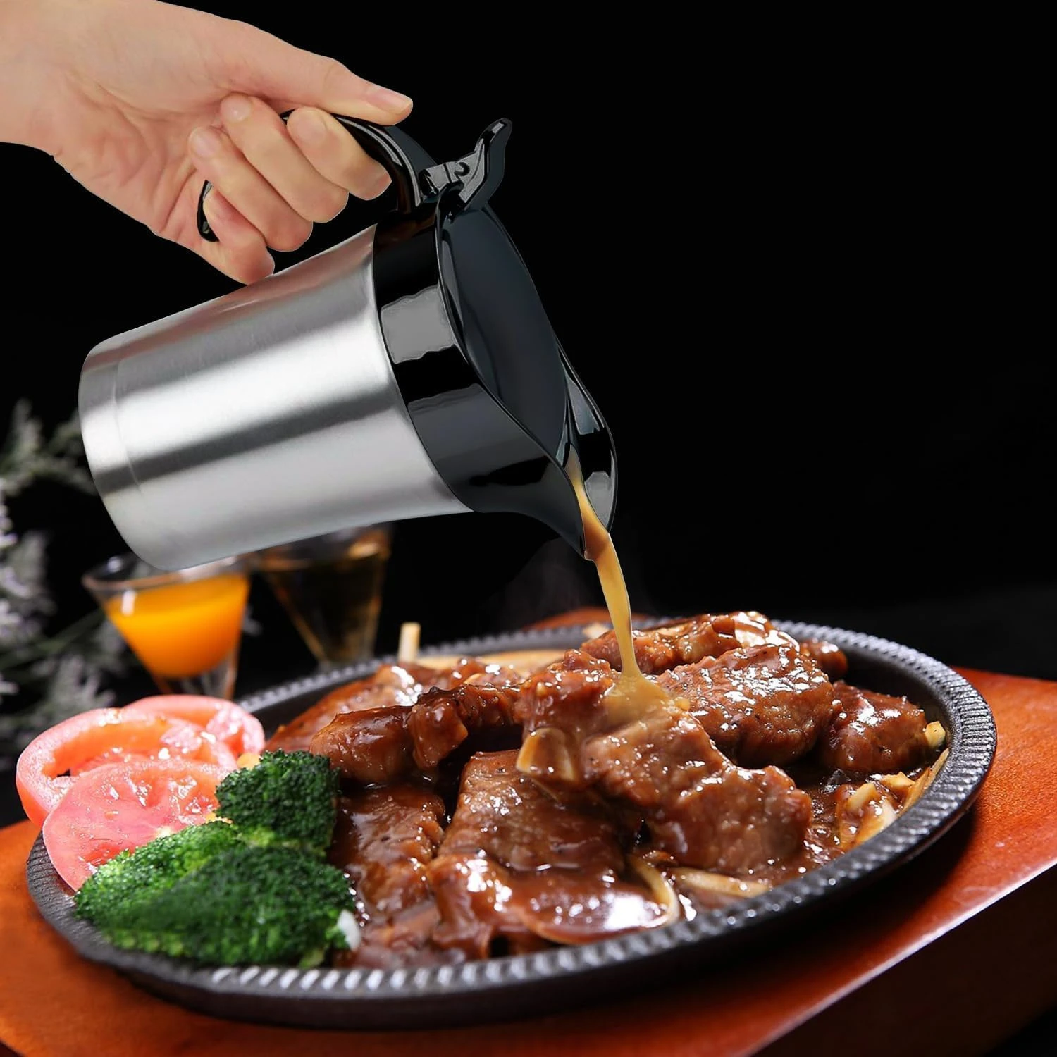 RAISLY Double Insulated Gravy Boat, Stainless Steel Gravy Sauce Jug with Hinged