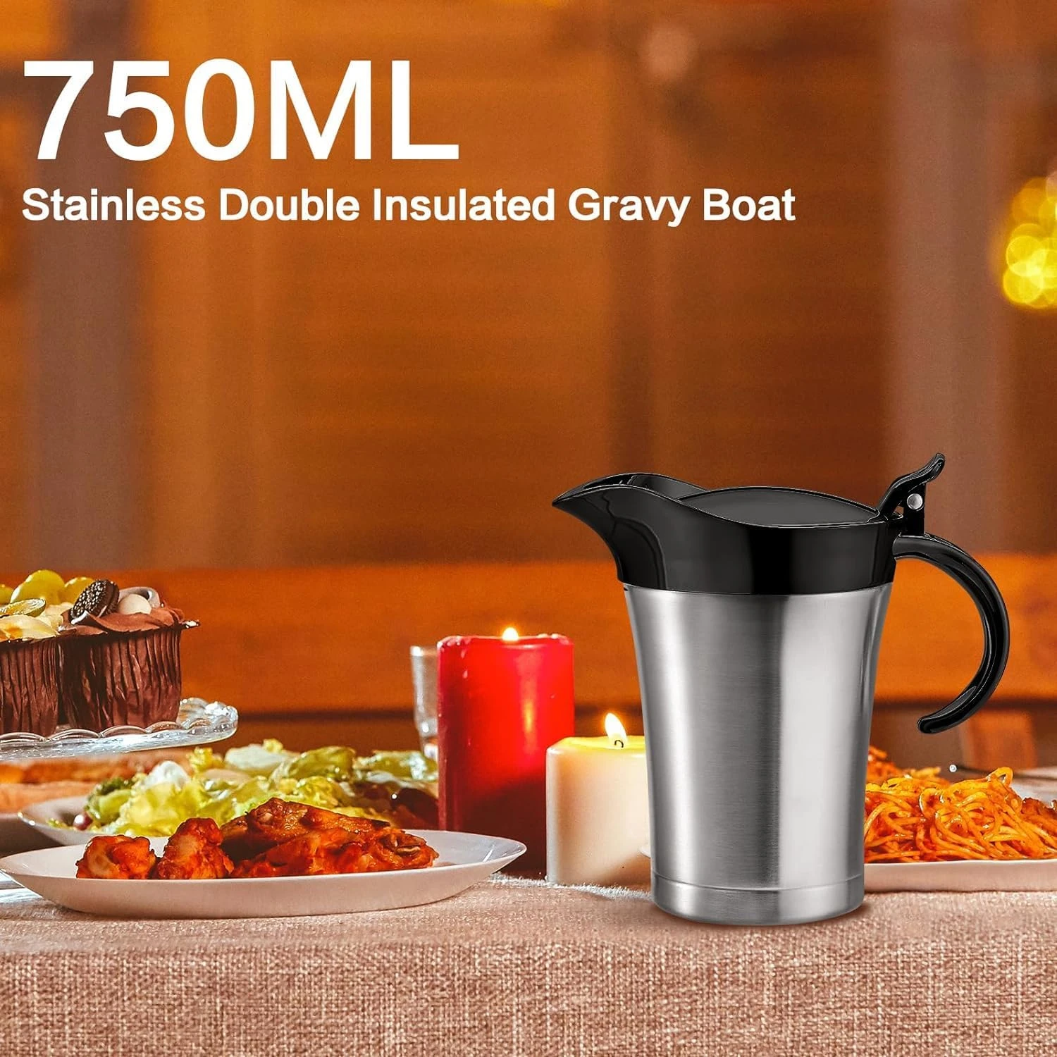 RAISLY Double Insulated Gravy Boat, Stainless Steel Gravy Sauce Jug with Hinged