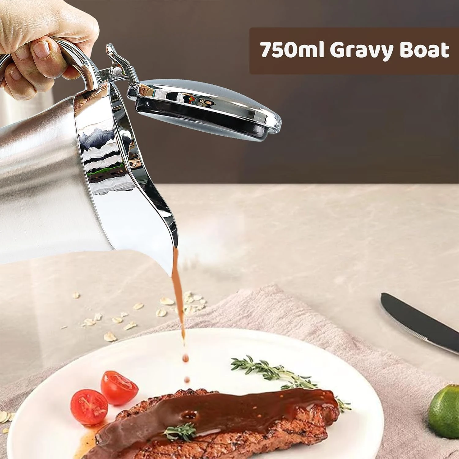 Suptizizkz Stainless Steel Double Insulated Gravy Boat, Sauce Jug with Hinged Li