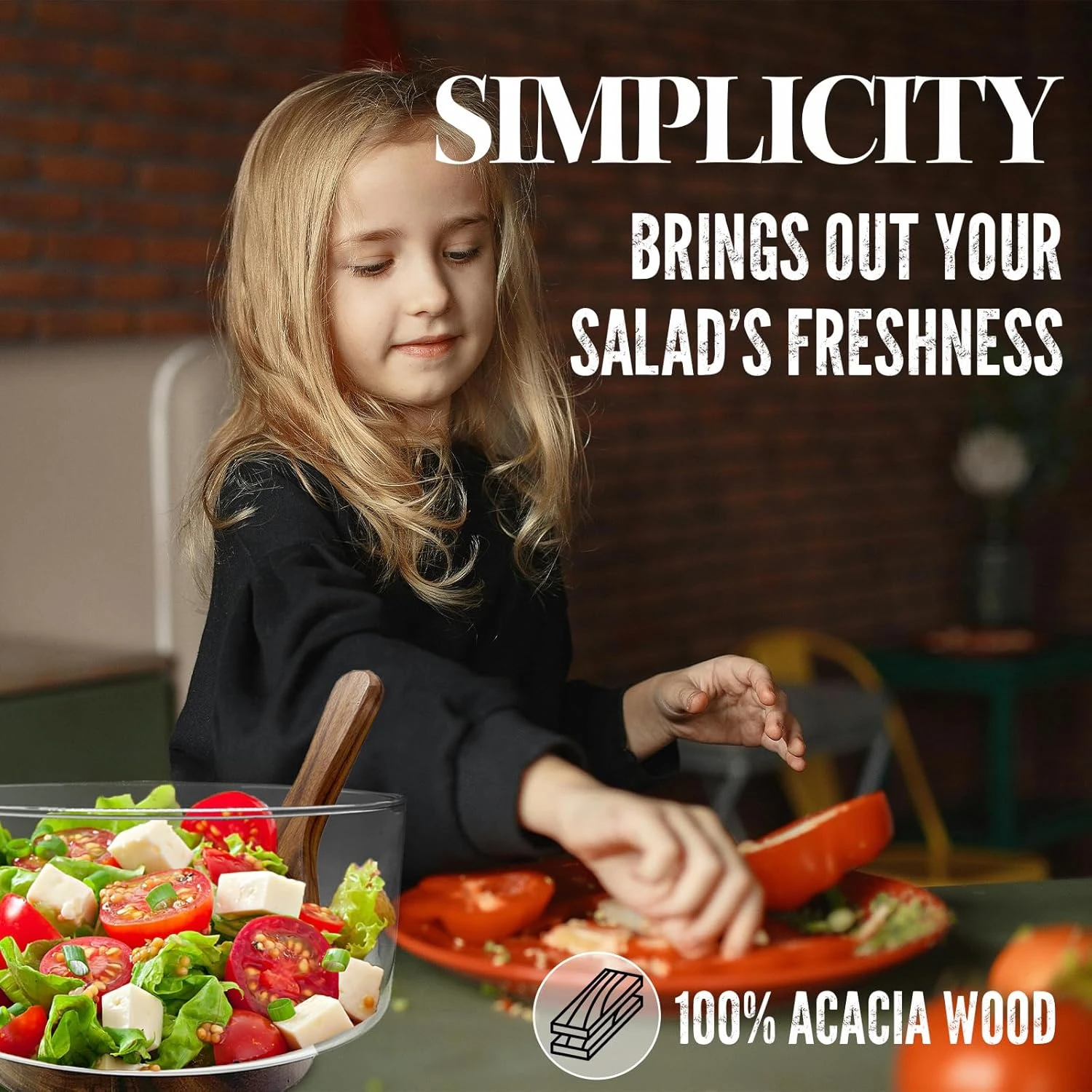 AZ-Homey Large Glass Salad Bowl Set with Acacia Wood Base and Serving Set Utensi