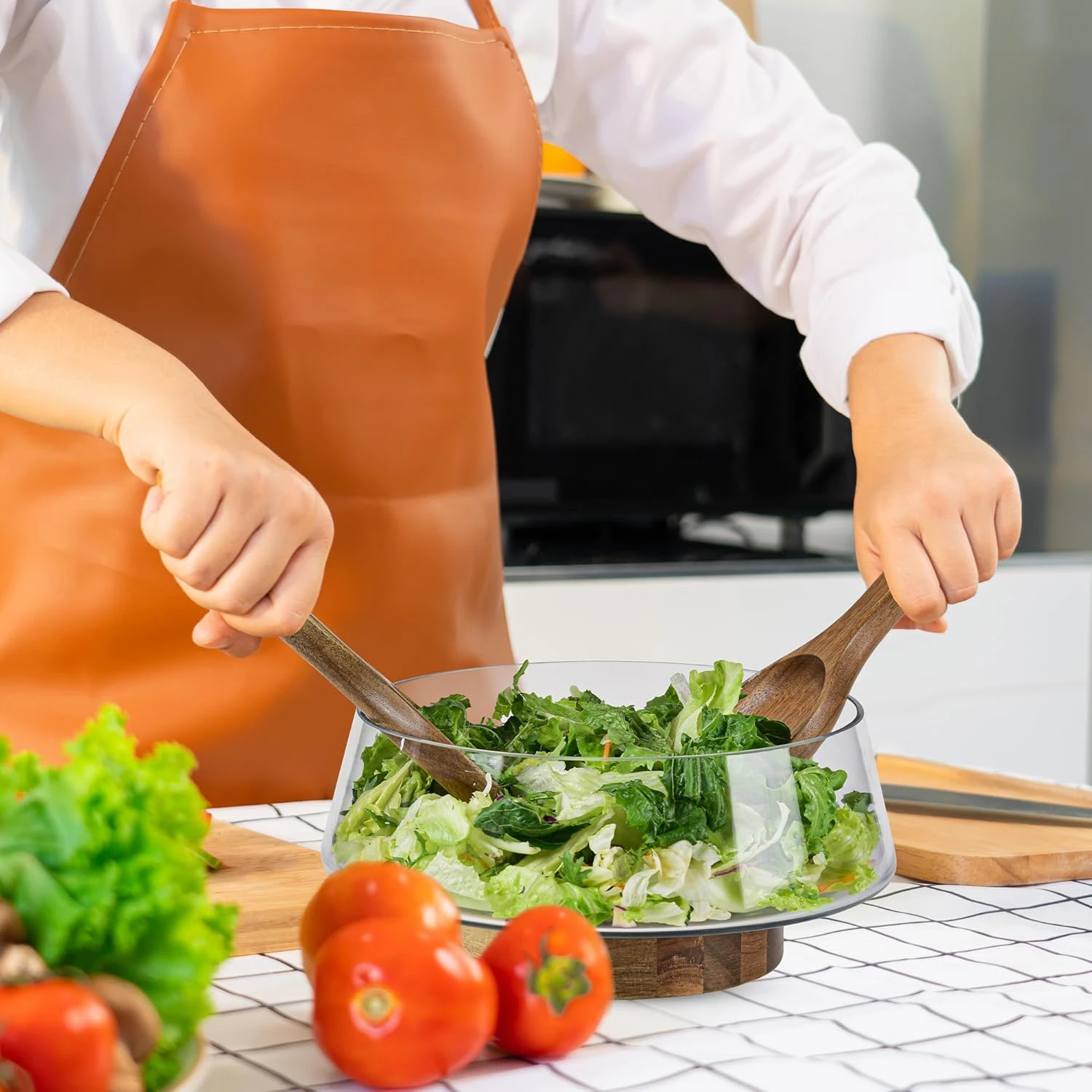 KITEISCAT Extra Large Glass Salad Bowl Set - Salad Bowls for Party with Acacia W