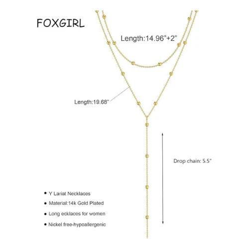 Foxgirl Lariat Gold Necklace for Women, Dainty Long Necklace 14k Gold Plated/Sil